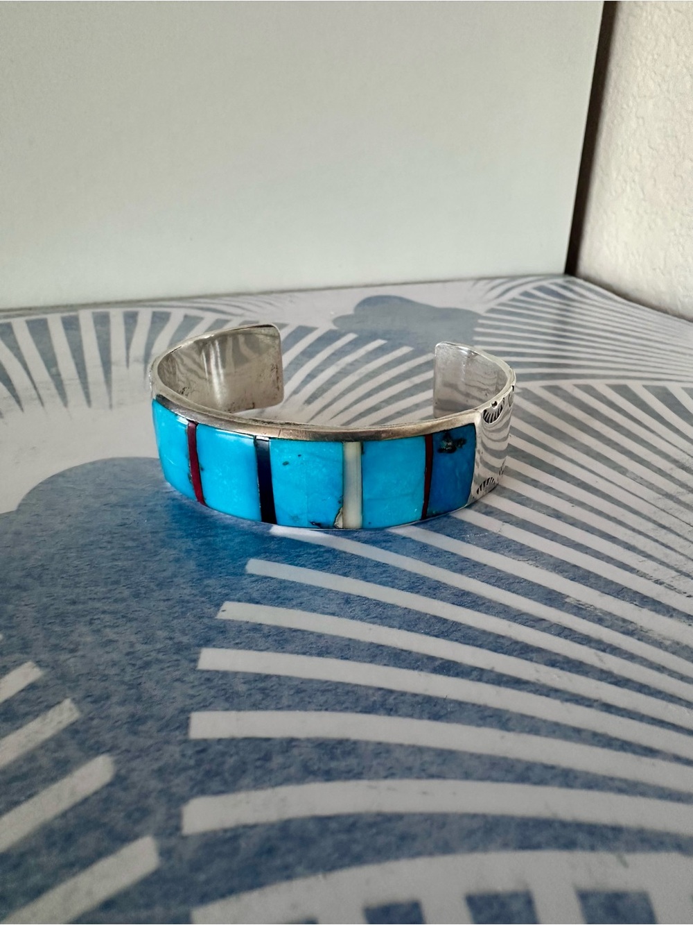 Vintage Native American Sterling Silver Turquoise Inlay Heavy Cuff Bracelet - Picture 12 of 16